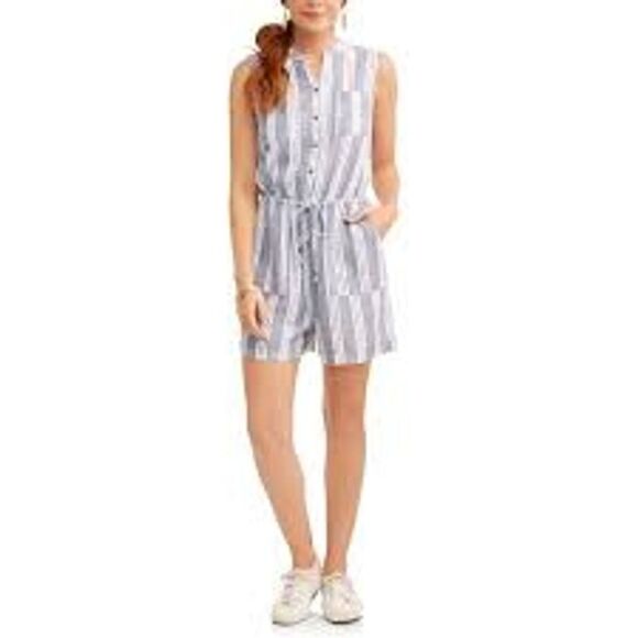 Time and Tru Utility Striped Romper Pockets Elastic Tie Waist Sailorcore Md 8-10 - Picture 11 of 11